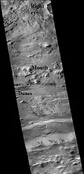 Part of Galle crater, as seen by CTX camera. The right "eye" and "mouth" are labeled. One of two dune fields are labeled as well.