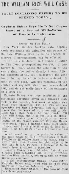 Newspaper clipping featuring Baker a week after the Rice murder