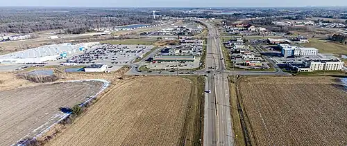 WIS&nbsp;21 in Tomah with I-94 and US&nbsp;12 junction in the background