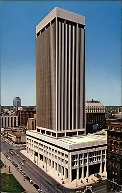 A postcard showcasing the Woodmen Tower circa 1970. The "Woodmen" lettering is not present in this postcard.