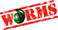 The word WORMS written in a red military style stencil font, the letter 'O' is replaced with a green grenade.
