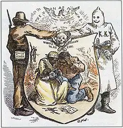 October 24, 1874, titled "The Union as it was The lost cause, worse than slavery/"White League" shaking hands with Ku Klux Klan member over shield illustrated with African American couple with dead(?) baby. In background, man hanging from tree.
