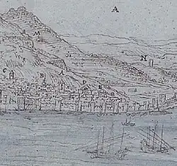 Hermitage of Our Lady of the Rosary labelled 'E' in Anton van den Wyngaerde's 1567 sketch