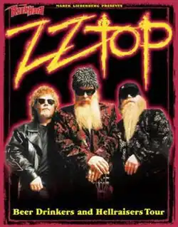 A black poster with loud colors occupying most of it. The image shows ZZ Top facing forward as Billy Gibbons has his hands resting on the headstock of a guitar. The text on the poster reads "ZZ Top Beer Drinkers and Hellraisers Tour".