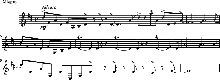 \header {
piece = "Allegro"
tagline = ""
}
\score {
\layout { }
\new staff {
\time 4/4
\key d \major
\relative c'' {
d8^>^\markup{ \italic "Allegro"}\mf fis,8 a8 d,8 fis8 a,8 b8 d8^> \bar "|" r8 d8^> r8 d8^> ~d4. a'8 ( \bar "|"
d8)^> d8 a'8^> a,8 d8^> d,8 e8 a8^> ~ \bar "|" a2 ~ a4. \stemUp b8 ( \bar "|" \break
d8) g,8 b8 d,8 g8 g,8 b8 d8 \bar "|" e4 \trill ~ e8 d16 r16 r4 e4 \trill ~ \bar "|"
e8 d16 r16 r4 e4 \trill ~ e8. d16 \bar "|" a'2 ~ a4. a8 ( \bar "|" \break
e'8) e,8 a8 a,8 e'8 e,8 a8 e'8^> \bar "|" r8 e8^> r8 e8^> r8 d8^> r8 fis8^> ~ \bar "|" fis1
}
}
\midi {
\tempo 4 = 140
}
}