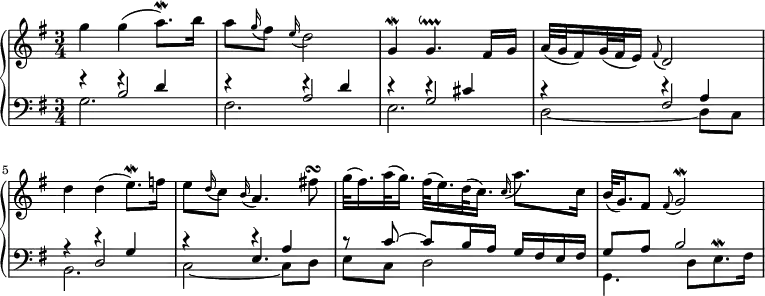 
\new PianoStaff <<
 \new Staff \relative c''' {
  \key g \major \time 3/4
  g4 g( a8.)\mordent b16 |
  a8 \appoggiatura g16 fis8 \appoggiatura e16 d2 |
  g,4\mordent g4.\downprall fis16 g |
  a32( g fis16) g32( fis e16) \appoggiatura fis8 d2 |
  d'4 d( e8.)\mordent f16 |
  e8 \appoggiatura d16 c8 \appoggiatura b16 a4. fis'!8\turn |
  g32( fis16.) a32( g16.) fis32( e16.) d32( c16.) \appoggiatura c a'8. c,16 |
  b32( g16.) fis8 \appoggiatura fis g2\mordent |
 }
 \new Staff <<
  \new Voice \relative c' {
   \voiceOne \clef bass \key g \major
   s4 f\rest d |
   s4 e\rest d |
   s4 d\rest cis |
   s4 d\rest a |
   s4 d\rest g, |
   s4 d'\rest a |
   r8 c~ c b16 a g fis e fis |
   g8 a b2 |
  }
  \new Voice \relative c' {
   \voiceThree
   r4 b2 |
   r4 a2 |
   r4 g2 |
   r4 fis2 |
   r4 d2 |
   r4 e4. s8 |
  }
  \new Voice \relative c' {
   \voiceTwo
   g2. |
   fis2. |
   e2. |
   d2~ d8 c |
   b2. |
   c2~ c8 d |
   e8 c d2 |
   g,4. d'8[ e8.^\mordent fis16] |
  }
 >>
>>
