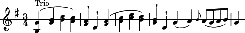 \relative c'' { \key g \major \set Staff.midiInstrument = "string ensemble 1" \time 3/4
\set Score.tempoHideNote = ##t \tempo 4 = 144 \partial 4
<g b,>4^"Trio" ( | <b g> <d b> <c a>) | <a fis>^! d,^! <a' fis> ( | <c a> <e c> <d b>) | <b g>^! d,^!
g ( | a) \grace b8 a8 (g a b) | g4
}