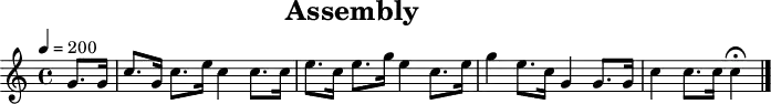 \header {
title = "Assembly"
tagline = ##f
}
\paper {
#(layout-set-staff-size 18)
}
\score {
\relative c'' {
\tempo 4=200
\key c \major
\time 4/4
\set Staff.midiInstrument = #"french horn"
\partial 4
g8. g16
c8. g16 c8. e16 c4 c8. c16
e8. c16 e8. g16 e4 c8. e16
g4 e8. c16 g4 g8. g16
c4 c8. c16 c4\fermata
\bar "|."
}
\layout { }
\midi { }
}
