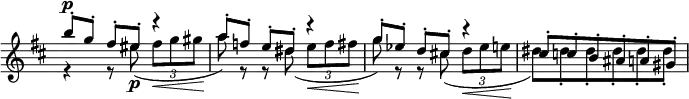 
\relative c' \new Staff \with { \remove "Time_signature_engraver" } {
 \key d \major \time 3/4 \tempo ""
  <<
   {
    b''8-. ^\p [ g-.] fis-. eis-. r4 a8-.[ f-.] e-. dis-. r4
    g8-.[ es-.] d-. cis!-. r4 cis8-. c-. b-. ais-. a-. gis-.
   }
  \\
   {
    r4 r8 eis'_\p ( \times 2/3 { fis8\< g gis } a8\! ) r r dis,( \times 2/3 { e8\< f fis }
    g8\! ) r r cis,( \times 2/3 { d8\< es e } dis8\! ) dis-. dis-. dis-. dis-. dis-.
   }
  >>
}
