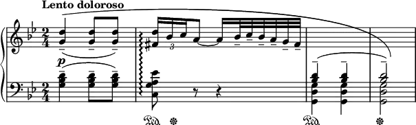\new PianoStaff \with { connectArpeggios = ##t } <<
\new Staff = "up" { \relative c'' { \key g \minor \time 2/4 \clef treble
\override Score.MetronomeMark #'padding = #4
\set Score.tempoHideNote = ##t \tempo "Lento doloroso" 4 = 32
\set Staff.midiInstrument = #"acoustic grand"
\stemUp
\once \override PhrasingSlur #'control-points = #'((0.69 . 4.69) (16.9 . 6.9) (69 . 6.9) (69 . -4))
<g d'>4--(^\( q8-- q--) |
\override TupletBracket #'stencil = ##f
\override TupletNumber #'Y-offset = #-2
\times 2/3 { <fis d'>16\arpeggio bes c } a8 ~ a16 bes32-- c-- bes-- a-- g-- fis-- |
\change Staff = "down"
<bes, d>4^-^( q^- | q2^-)\)
}}
\new Dynamics { s2\p }
\new Staff = "down" { \relative c' { \key g \minor \time 2/4 \clef bass
\set Staff.midiInstrument = #"acoustic grand"
\stemDown
<g bes d>4--( q8-- q--) |
<c, g' a es'>8\arpeggio r r4
<g d' g>4 q | q2
}}
\new Dynamics { s2 s16\sustainOn s4..\sustainOff s2\sustainOn s\sustainOff }
>>