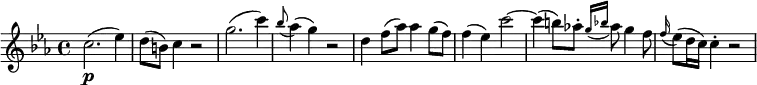 \relative c'' { \key c \minor \time 4/4
c2.( \p es4) | d8( b) c4 r2 | g'2.( c4) | \appoggiatura bes8 as4( g) r2
d4 f8( as) as4 g8( f) | f4( es) c'2~ | c4( b8) as!-. \appoggiatura { g16 bes } as8 g4 f8
\appoggiatura f16 es8( d16 c) c4-. r2
}