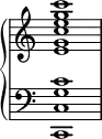 \new PianoStaff <<
{ \omit Score.TimeSignature }
\new Staff { <e' g' c'' e'' g'' c'''>1 }
\new Staff { \clef bass <c, c g c'>1 }
>>