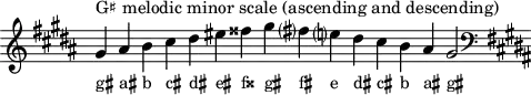 
\header { tagline = ##f }
scale = \relative a { \accidentalStyle modern \key gis \minor \omit Score.TimeSignature
  gis'^"G♯ melodic minor scale (ascending and descending)" ais b cis dis eis fisis gis fis? e? dis cis b ais gis2 \clef F \key gis \minor }
\score { { << \cadenzaOn \scale \context NoteNames \scale >> } \layout { } \midi { } }

