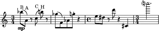 
\relative c'' {
  \set Staff.midiInstrument = #"violin"
  \set Score.tempoHideNote = ##t \tempo 4 = 135
\time 3/4
  \override TupletBracket #'stencil = ##f
  \override Score.BarNumber #'stencil = ##f
  \key c \major
bes'8\mp^"B"\( a,^"A"\) r8 \autoBeamOff c^ "C"\( b'^"H"\) \autoBeamOn r| ges\( f,\) as g'\staccato r4
\time 4/4 e8 dis r8 d' r4 cis,,|
\time 3/4 c'''?2.
}
