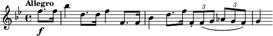 \relative c'' {
\key bes \major
\tempo "Allegro"
\partial 4 f8.\f f16 bes4 d,8. d16 f4 f,8. f16 bes4 d8. f16 \times 2/3 {f,8-. f (g} \times 2/3 {as g f)} g4
}