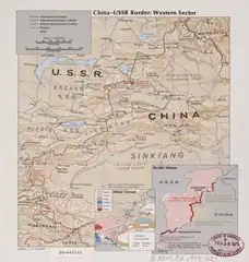 Map of the western China-USSR border showing the Pamir area (41,000&nbsp;km2 (16,000&nbsp;sq&nbsp;mi)) claimed by China. "This section shown as 'Indefinite' on Chinese maps, 'Definite' on Russian maps. Based on 1895 Anglo-Russian treaty." (1977)