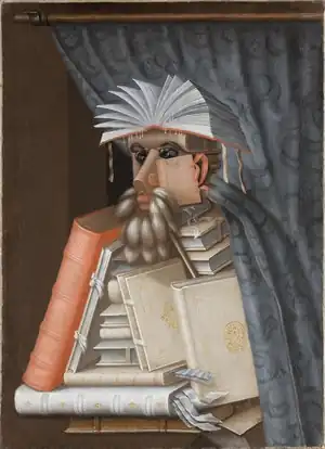 A man whose body consists of books and bookmarks passes into the foreground underneath a green curtain.