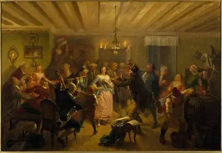 The Concert at Tre Byttor by Wilhelm Wallander&nbsp;[sv], 1860. Movitz (centre right) has laid down his oboe; Ulla Winblad (centre) is singing, and Christian Wingmark is playing the flute (centre left). Clarinettes are being played in the background; stringed instruments can be seen on both sides.