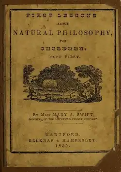 Photograph of a book cover with words at the top and bottom, surrounding a drawing of three trees in front of which stands a hay wagon and three children playing with hoops